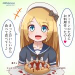  1girl blonde_hair blue_eyes collarbone commentary_request dated dress food gradient gradient_background hat jervis_(kancolle) kantai_collection mitchell_(dynxcb25) open_mouth plate sailor_dress sailor_hat smile solo stargazy_pie translation_request twitter_username upper_body 