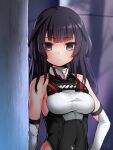  1girl agatsuma_kaede alice_gear_aegis bangs bare_shoulders black_eyes blunt_bangs blush closed_mouth commentary_request covered_navel doyouwantto elbow_gloves gloves leotard long_hair looking_at_viewer red_pupils signature solo white_gloves 