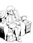  1boy backpack bag book cat chair collar drawer hat hat_removed headwear_removed jacket jacket_removed letter luke_triton male_focus monochrome pillow professor_layton reading shougin signature sitting smile solo stuffed_animal stuffed_toy teddy_bear vest white_background 
