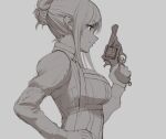  1girl breasts dorothy_(princess_principal) from_side genso greyscale hand_on_hip holding large_breasts long_hair long_sleeves monochrome princess_principal revolver sidelocks sketch solo upper_body weapon 