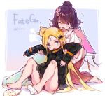  2girls abigail_williams_(fate) arm_grab artist_name bandaid bandaid_on_knee barefoot black_hair black_jacket blonde_hair blue_eyes blush bow commentary copyright_name english_commentary fangs fate/grand_order fate_(series) flower flying_sweatdrops grabbing grabbing_from_behind hair_bow hair_bun hair_flower hair_ornament heroic_spirit_traveling_outfit jacket katsushika_hokusai_(fate) kneeling multiple_girls one_eye_closed open_mouth paintbrush purple_eyes purrr signature sitting slippers wavy_mouth 