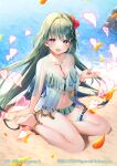  1girl :d anklet bangs bare_legs bare_shoulders barefoot beach bow breasts character_request cleavage commentary_request day eyebrows_visible_through_hair flower green_bow green_hair hair_between_eyes hair_flower hair_ornament hand_up heart holding jewelry long_hair looking_at_viewer medium_breasts momoshiki_tsubaki navel official_art on_ground open_mouth outdoors purple_eyes red_flower sand see-through smile solo very_long_hair water x_hair_ornament z/x 