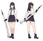  1girl aiguillette bayonet blue_eyes boots brown_hair collared_shirt full_body genso gloves gun highres holding long_hair looking_at_viewer miniskirt monochrome multiple_views necktie original pleated_skirt rifle shirt shirt_tucked_in short_sleeves simple_background skirt smile straight_hair uniform weapon white_background white_shirt 
