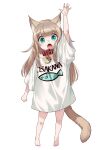  1girl 40hara :o animal_collar animal_ears animal_print aqua_eyes arm_up barefoot cat_ears cat_girl cat_tail character_name child collar fang fish_print flat_chest full_body highres kinako_(40hara) light_brown_hair long_hair naked_shirt name_tag off_shoulder open_mouth original outstretched_arm oversized_clothes oversized_shirt shirt simple_background tail white_shirt 