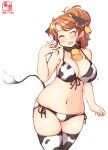  1girl alternate_costume animal_ears animal_print aquila_(kancolle) artist_logo bell bikini breasts closed_eyes commentary_request cow_ears cow_horns cow_print cow_tail cowbell cowboy_shot dated ear_tag fake_animal_ears fake_horns front-tie_top hair_ornament hairclip high_ponytail highres horns kanon_(kurogane_knights) kantai_collection large_breasts long_hair orange_hair side-tie_bikini simple_background solo swimsuit tail thighhighs wavy_hair white_background white_bikini white_legwear 
