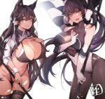  2girls absurdres animal_ears atago_(azur_lane) atago_(stunning_speedster)_(azur_lane) azur_lane bangs bikini black_hair black_legwear bow breasts brown_eyes checkered checkered_flag chickenvomit cleavage cleavage_cutout clothing_cutout commentary_request cowboy_shot dog_ears elbow_gloves extra_ears fingerless_gloves flag gloves hair_flaps highleg highleg_bikini highleg_swimsuit highres large_breasts long_hair looking_at_viewer mole mole_under_eye multicolored_leotard multiple_girls navel_cutout pantyhose ponytail race_queen ribbon shrug_(clothing) simple_background sleeve_cuffs standing swept_bangs swimsuit takao_(azur_lane) takao_(full_throttle_charmer)_(azur_lane) thighhighs two-tone_bikini two-tone_leotard white_background white_bow white_gloves white_ribbon wrist_cuffs 