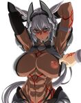  1girl abs absurdres animal_ears armor armpits arms_behind_head arms_up bikini bikini_bottom blue_eyes blush body_markings breasts caenis_(fate) command_spell dark_skin dark_skinned_female elbow_gloves fate/grand_order fate_(series) faulds gauntlets gloves halter_top halterneck headpiece highleg highleg_bikini highres j.h. large_breasts long_hair looking_at_viewer muscular muscular_female navel nipples one_breast_out out_of_frame pauldrons ponytail shoulder_armor solo_focus swimsuit very_long_hair white_hair 