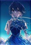  1girl bangs bird blue_dress blue_hair blue_theme closed_mouth dress hair_between_eyes hand_up highres holding holding_letter lace-trimmed_dress lace_trim letter looking_at_viewer neck_ribbon original pleated_dress purple_eyes ribbon short_hair short_sleeves solo wattaro wrapped_up 