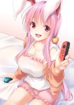  1girl :d alternate_costume animal_ears bangs bed breasts bunny_ears camisole casual cleavage commentary_request contemporary eyebrows_visible_through_hair gradient gradient_background hisae_(hisae_collect) jacket joy-con large_breasts long_hair long_sleeves looking_at_viewer nintendo_switch open_clothes open_jacket open_mouth pink_background purple_hair red_eyes reisen_udongein_inaba sitting smile solo thighs touhou very_long_hair 