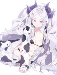  1girl animal_print bikini black_bikini blue_archive breasts closed_mouth collarbone cow_print gogoco highres hina_(blue_archive) horns long_hair micro_bikini purple_eyes purple_horns simple_background small_breasts solo swimsuit white_background white_hair 