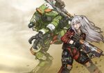  1girl animal_ear_fluff animal_ears blue_eyes blush bt-7274 c.a.r._smg cosplay fingerless_gloves g-chang gloves grey_hair gun holding holding_gun holding_weapon jack_cooper jack_cooper_(cosplay) lion_ears lion_girl looking_to_the_side looking_up mecha one-eyed open_hand open_mouth science_fiction shishiro_botan submachine_gun titanfall_(series) titanfall_2 v-shaped_eyebrows weapon 