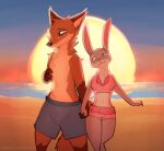  2021 anthro beach blush brown_body brown_fur canid canine clothed clothing detailed_background disney duo fan_character female fox fur gloves_(marking) grey_body grey_fur hand_holding head_tuft lagomorph leg_markings leporid male mammal markings midriff navel neck_tuft outside purple_eyes rabbit red_fox rinehart_nye_(wynn) sand sea seaside smile socks_(marking) sunset swimming_trunks swimwear topless tuft violet_hopps water zhanbow zootopia 