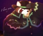 2021 anthro blush brown_body brown_fur canid canine clothed clothing english_text fur hat headgear headwear hi_res hisashiyo_0705 humanoid_hands kemono live-a-hero male mammal overweight overweight_anthro overweight_male raccoon_dog shoen solo tanuki text video_games 
