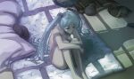  1girl aqua_eyes aqua_hair breasts cat clothes_removed detached_sleeves_removed expressionless futon hatsune_miku huu00 knees_to_chest long_hair medium_breasts moonlight night skirt skirt_removed solo tatami twintails vest_removed vocaloid 