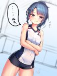  1girl alice_gear_aegis blue_hair bra closed_mouth commentary_request covered_navel cowboy_shot crossed_arms doyouwantto gym_uniform looking_at_viewer panties ponytail purple_eyes see-through signature smile solo sweat takanashi_rei underwear 