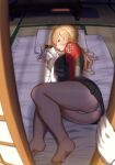  1girl 1other anchor_hair_ornament aqua_eyes ass bare_legs barefoot black_skirt blonde_hair blue_eyes blurry blurry_foreground blush breasts depth_of_field epaulettes feet futon gloves hair_ornament indoors jacket kantai_collection large_breasts long_hair long_sleeves looking_at_viewer lying maku_ro military military_uniform on_side panties pillow prinz_eugen_(kancolle) skirt tatami underwear uniform white_gloves 