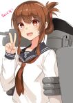  1girl akagi_kurage anchor_symbol bangs blush brown_eyes brown_hair eyebrows_visible_through_hair folded_ponytail highres inazuma_(kancolle) kantai_collection long_sleeves nanodesu_(phrase) neckerchief open_mouth ponytail red_neckwear rigging sailor_collar school_uniform serafuku sidelocks simple_background solo upper_body v white_background 