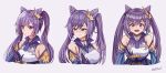  1girl artist_name bare_shoulders blush braid breasts choker detached_sleeves double_bun dress embarrassed expressions frilled_sleeves frills genshin_impact hair_bun hair_ornament hairclip half-closed_eyes highres ichi10art keqing_(genshin_impact) looking_at_viewer open_mouth purple_eyes purple_hair solo twintails upper_body 