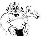  &lt;3 animatronic anthro arm_tuft belly belly_squish black_and_white blush body_hair bow_tie chest_hair clothed clothing dialogue elbow_tufts erection erection_pushing_underwear erection_under_clothing eyebrows five_nights_at_freddy&#039;s freddy_(fnaf) hat headgear headwear imminent_sex looking_at_viewer machine male mammal monochrome moobs nipples overweight overweight_anthro overweight_male robot scott_cawthon simple_background smile solo squish talking_to_viewer thong tongue top_hat tuft underwear ursid video_games von-trousled white_background wrist_cuff 