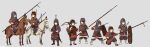  6+girls animal armor arrow_(projectile) black_hair blue_eyes brown_eyes brown_hair chinese_armor chinese_commentary fangdan_runiu full_armor hair_over_one_eye helmet highres holding holding_shield holding_spear holding_sword holding_weapon horse looking_at_viewer multiple_girls original polearm purple_eyes quiver red_eyes riding sandals sheath sheathed shield spear sword weapon white_legwear 