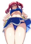  absurdres amisu bangs blue_panties blue_skirt breasts cheerleader eyebrows_visible_through_hair from_below hair_between_eyes hair_bobbles hair_ornament hands_on_hips highres large_breasts long_hair looking_at_viewer looking_down midriff navel onozuka_komachi panties pom_poms red_eyes red_hair sidelocks simple_background skirt sleeveless smile standing touhou touhou_lost_word two_side_up underboob underwear white_background 