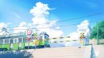  artist_name cable chinese_commentary cloud commentary_request day grass ground_vehicle no_humans original plant railroad_crossing road_sign scenery shade sign sky stairs sunlight train tree xingzhi_lv 