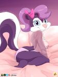  accessory anthro bed clothing female fifi_la_fume furboz furniture hair_accessory hair_bow hair_ribbon hi_res kneeling looking_at_viewer mammal mephitid nipples panites ribbons skunk solo tiny_toon_adventures translucent translucent_clothing warner_brothers 