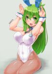  1girl animal_ears bangs bow bowtie breasts bunny_ears bunny_pose commentary_request covered_navel detached_collar eyebrows_visible_through_hair fake_animal_ears fishnet_legwear fishnets frog_hair_ornament green_eyes green_hair hair_ornament hair_tubes japanese_clothes kei_jiei kochiya_sanae large_breasts leotard long_hair looking_at_viewer miko open_mouth pantyhose playboy_bunny playboy_bunny_leotard sitting snake_hair_ornament solo strapless strapless_leotard thighhighs touhou white_background wing_collar wrist_cuffs 