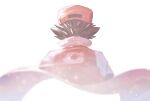  1boy baseball_cap blurry brown_hair commentary_request from_behind hat highres jacket male_focus odd_(hin_yari) poke_ball_print pokemon pokemon_(game) pokemon_rgby red_(pokemon) red_headwear short_sleeves simple_background solo spiked_hair white_background 