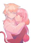  2girls :3 animal_ear_fluff animal_ears bangs beige_sweater blunt_bangs blush cat_ears cat_girl cat_tail chinese_commentary eyebrows_behind_hair gradient_hair green_hair highres hololive hololive_english hug kemonomimi_mode looking_at_viewer mori_calliope multicolored_hair multiple_girls off-shoulder_sweater off_shoulder one_eye_closed orange_hair pink_hair purple_eyes red_eyes red_sweater smile sweater tail takanashi_kiara v-shaped_eyebrows virtual_youtuber yuri zhong+in 