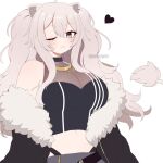  1girl animal_ears black_jacket breasts cleavage crop_top fur_trim grey_eyes grey_hair grey_skirt halter_top halterneck heart hololive jacket large_breasts lion_ears lion_girl lion_tail long_hair looking_to_the_side navel plushcharm shishiro_botan skirt smile solo tail virtual_youtuber white_background 