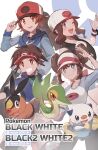  2boys 2girls ;d absurdres bangs baseball_cap blue_jacket blush bow bright_pupils brown_eyes brown_hair closed_mouth commentary_request copyright_name double_bun gen_5_pokemon grey_eyes grin hand_on_headwear hat highres hilbert_(pokemon) hilda_(pokemon) jacket legwear_under_shorts looking_at_viewer multiple_boys multiple_girls nate_(pokemon) odd_(hin_yari) one_eye_closed open_mouth oshawott pantyhose pink_bow pokemon pokemon_(creature) pokemon_(game) pokemon_bw pokemon_bw2 raglan_sleeves rosa_(pokemon) shirt shorts sidelocks smile snivy starter_pokemon_trio tepig twintails visor_cap wristband yellow_shorts 