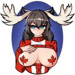  absurd_res animal_humanoid big_breasts black_hair blue_eyes breasts canada capreoline capreoline_humanoid cervid cervid_humanoid cleavage_cutout clothing female hair hand_on_breast hi_res humanoid kemono_friends keyhole_turtleneck looking_at_viewer mammal mammal_humanoid maple_leaf moose_(kemono_friends) moose_humanoid pasties peppermintbanan simple_background solo sweater topwear 