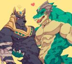  &lt;3 abs angry anthro biceps black_body blush canid canine canis claws crocodilian duo eyes_closed green_body hi_res istani jackal league_of_legends male mammal muscular muscular_anthro muscular_male nasus_(lol) nipples nude pecs purple_eyes renekton reptile riot_games scalie slit smile teeth video_games 
