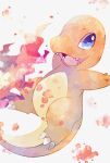  blue_eyes charmander claws commentary fangs fire gen_1_pokemon highres looking_at_viewer neejyu no_humans open_mouth pokemon pokemon_(creature) solo tongue white_background 