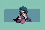  1girl animal animal_on_lap animated animated_gif arm_up bangs black_cape black_cat blue_background blue_eyes blue_hair brown_legwear byleth_(fire_emblem) byleth_(fire_emblem)_(female) cape cat cat_on_lap closed_mouth commentary eyebrows_visible_through_hair fire_emblem fire_emblem:_three_houses hair_between_eyes hunter_russell laughing long_sleeves looking_down pixel_art simple_background sitting smile solo 