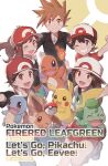  2girls 3boys :d absurdres arm_up bangs baseball_cap blue_oak blue_shirt brown_eyes brown_hair bulbasaur charmander chase_(pokemon) clenched_hand commentary_request copyright_name eevee elaine_(pokemon) eyelashes gen_1_pokemon grey_eyes grin hat highres holding holding_poke_ball jacket leaf_(pokemon) multiple_boys multiple_girls odd_(hin_yari) one_eye_closed open_mouth pikachu pleated_skirt poke_ball poke_ball_(basic) pokemon pokemon_(game) pokemon_frlg pokemon_lgpe red_(pokemon) red_headwear red_skirt shirt short_sleeves skirt sleeveless sleeveless_shirt smile spiked_hair squirtle teeth tongue white_headwear 