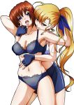  2girls bike_shorts black_bra black_gloves black_panties black_shorts blonde_hair blue_eyes blush bra breasts brown_hair collarbone eyebrows_visible_through_hair fingerless_gloves gloves groin hair_ornament hair_ribbon heterochromia large_breasts licking long_hair lyrical_nanoha mahou_shoujo_lyrical_nanoha_strikers multiple_girls navel neck_licking open_mouth panties ponytail ribbon shiny shiny_hair short_hair shorts simple_background smile sweat tappa_(esperanza) tongue tongue_out underwear vivio white_background yagami_hayate yuri 