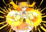  1girl animal_ears bear_ears bear_paws breasts cleavage clenched_hands corset dress eyebrows_visible_through_hair gloves glowing_hands hololive hololive_alternative large_breasts mochizuki_maya momosuzu_nene orange_dress paw_gloves paws solo two_side_up v-shaped_eyebrows virtual_youtuber white_hair 