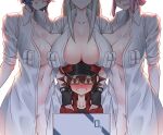  3girls @_@ blue_hair breast_rest breasts cabbie_hat cleavage clenched_teeth fingerless_gloves glasses gloves green_eyes h.carrrrrrot hat hataraku_saibou hataraku_saibou_black head_out_of_frame highres large_breasts licking_lips multiple_girls open_clothes pink_hair red_blood_cell_(hataraku_saibou) short_hair smile teeth tongue tongue_out u-1196 white_blood_cell_(hataraku_saibou) white_hair 