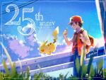  1boy anniversary backpack bag bangs baseball_cap brown_bag closed_mouth cloud commentary_request dated day framed from_below gen_1_pokemon glint grass hand_up hanenbo hat highres holding holding_strap jacket looking_at_object male_focus outdoors pikachu pokemon pokemon_(creature) pokemon_(game) pokemon_rgby red_(pokemon) short_sleeves signature sky smile 