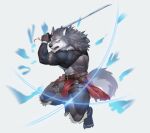  absurd_res anthro belt biceps canid canine canis clothing fur hi_res male mammal melee_weapon muscular muscular_anthro muscular_male neumokun simple_background solo sword weapon wolf 