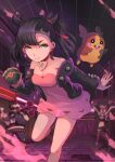  1boy 2girls banner black_choker black_hair black_jacket breasts character_print choker cleavage closed_mouth commentary dress dusk_ball earrings eyelashes gen_8_pokemon green_eyes hair_ribbon highres holding holding_poke_ball jacket jewelry looking_at_viewer marnie_(pokemon) morpeko morpeko_(full) multiple_girls off_shoulder open_clothes open_jacket pink_dress poke_ball pokemon pokemon_(game) pokemon_swsh red_ribbon ribbon road spikemuth standing street team_yell team_yell_grunt tenescross 