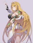  1girl ass back bangs bare_legs bare_shoulders blonde_hair blush breasts butt_crack cowboy_shot dress earrings elbow_gloves envelope from_behind gloves grey_background headpiece jewelry large_breasts long_hair looking_back mythra_(xenoblade) seinen short_dress sideboob smash_invitation smile super_smash_bros. swept_bangs thigh_strap tiara very_long_hair white_dress white_gloves xenoblade_chronicles_(series) xenoblade_chronicles_2 yellow_eyes 