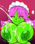  big_breasts bodily_fluids breasts christmas christmas_clothing christmas_headwear clothing cum cum_on_breasts dart_(thecon) female genital_fluids goblin green_body green_skin hair hat headgear headwear hi_res holding_breast holidays huge_breasts humanoid not_furry pink_hair santa_hat thecon 