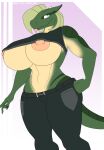  absurd_res andromorph anthro areola areola_slip big_breasts breasts clothing dinosaur dragon dromaeosaurid female hi_res hybrid intersex male non-mammal_breasts reptile reptilligator scalie smile solo theropod zantra_(character) 