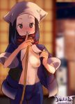 1girl black_hair blurry blurry_background breasts female_protagonist_(pokemon_legends:_arceus) finger_to_mouth flashing head_scarf highres light_blush looking_at_viewer navel nipples open_mouth pokemon pokemon_(game) pokemon_legends:_arceus r-e-l-o-a-d red_scarf scarf shushing small_breasts smile solo standing stomach undressing 