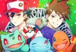  2boys anniversary badge bangs baseball_cap black_hair blue_oak blurry brown_eyes brown_hair bulbasaur charmander commentary_request fire gen_1_pokemon hat holding holding_poke_ball jacket jewelry male_focus multiple_boys necklace parted_lips piroshiki123 poke_ball poke_ball_(basic) pokemon pokemon_(creature) pokemon_(game) pokemon_rgby purple_shirt red_(pokemon) shirt smile spiked_hair squirtle starter_pokemon_trio teeth 