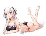  1girl ass barefoot bikini black_bikini blue_eyes blush breasts cleavage collarbone hand_on_own_cheek hand_on_own_face head_tilt hecatia_(vtuber) heterochromia indie_virtual_youtuber long_hair lying medium_breasts on_stomach purple_eyes silver_hair smile soles solo swimsuit swimwear tutian_zhu_yuchen two_side_up virtual_youtuber wet 