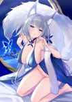  1girl animal_ear_fluff animal_ears azur_lane bare_shoulders blue_butterfly blue_collar blue_dress blue_eyes breasts bug butterfly cleavage collar dress evening_gown feather_boa fox_ears halter_dress halterneck highres indoors insect kitsune kyuubi large_breasts large_tail long_hair multiple_tails no_panties official_alternate_costume sagging_breasts shinano_(azur_lane) shinano_(light_of_the_hazy_moon)_(azur_lane) sigma_rio silver_hair sleeveless sleeveless_dress solo tail very_long_hair white_tail 